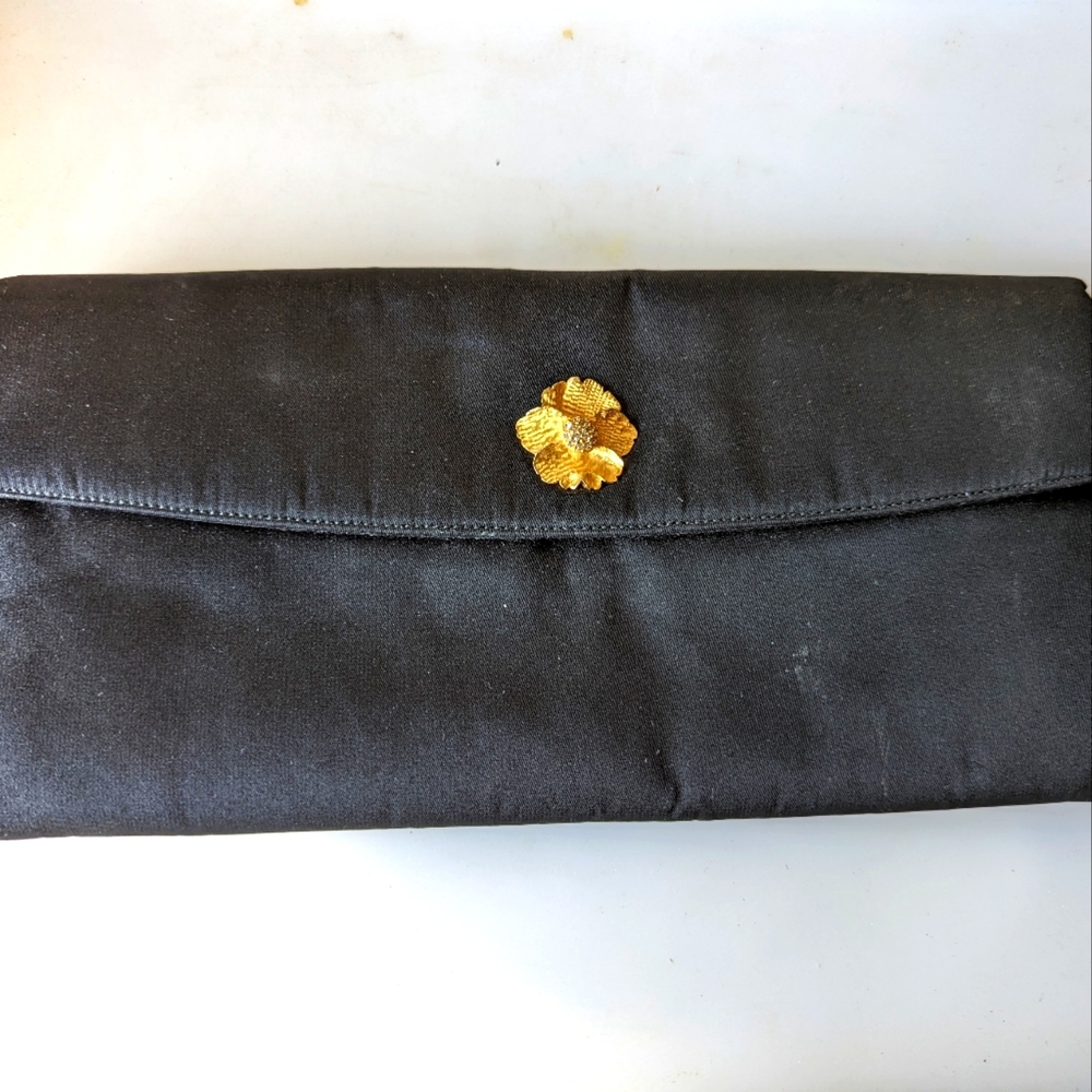 Prestige Clutch Hepburn Style Black Silk w/ Jeweled Flower for Bonwit Teller VTG